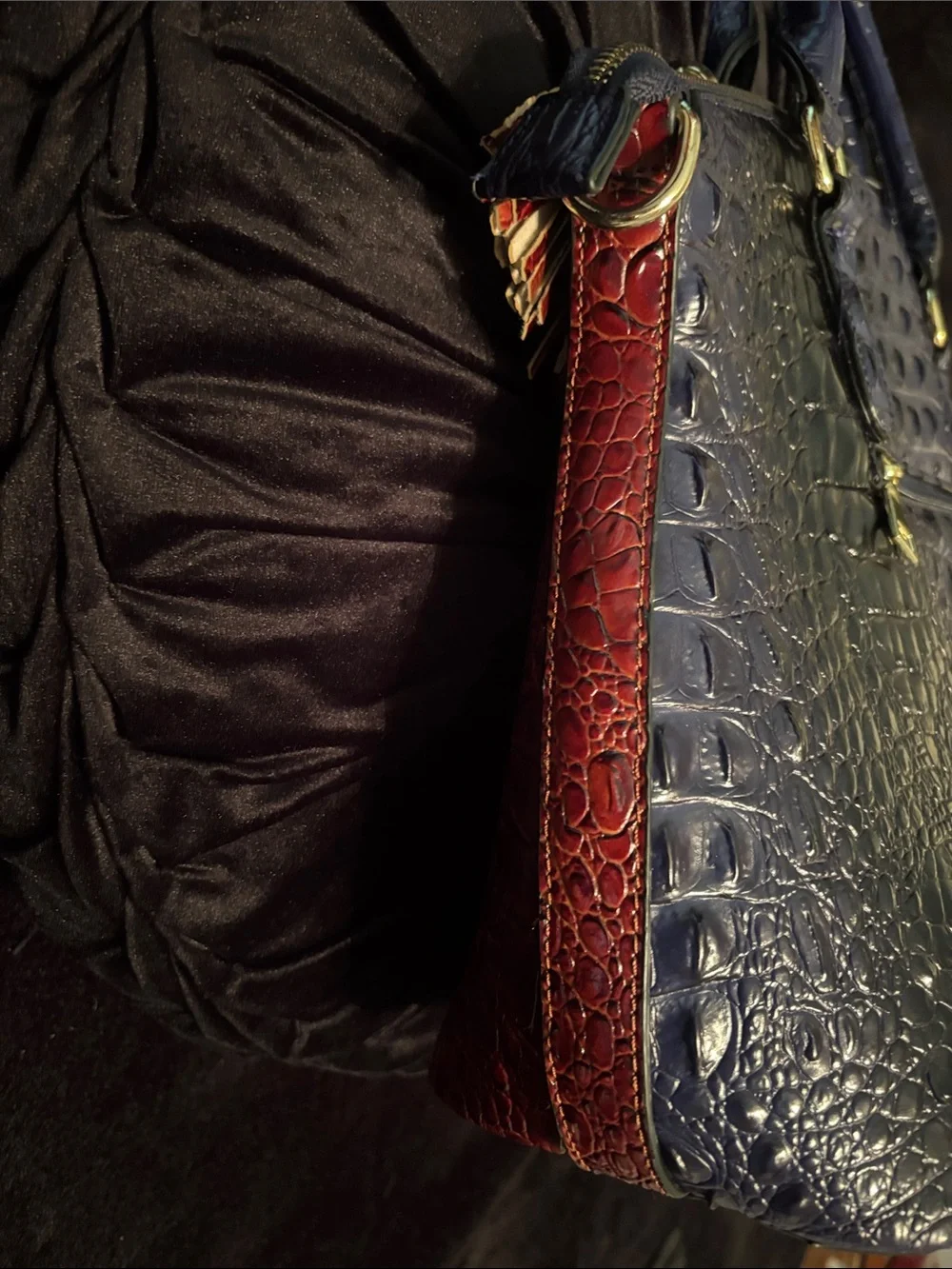 Croc-Embossed faux Leather Satchel in Navy, Red & Brown fashion bag.